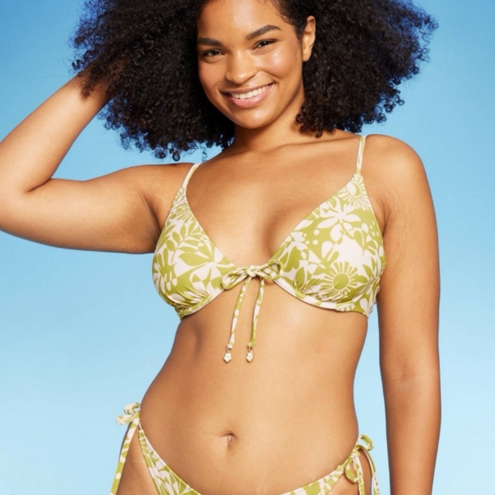 Bikini set-Green & Cream-Leaf Sun Floral Bikini Top &side Tie Bottom